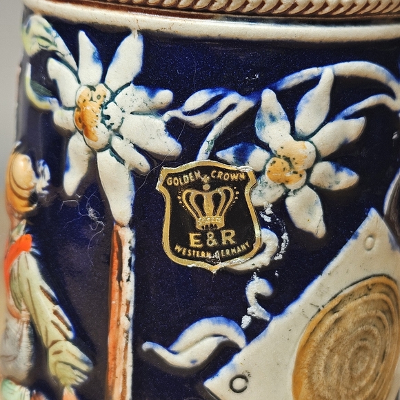 Vintage Golden Crown E&R Western Germany Beer Stein, lidded Beer Stein 9inch - Picture 4 of 13